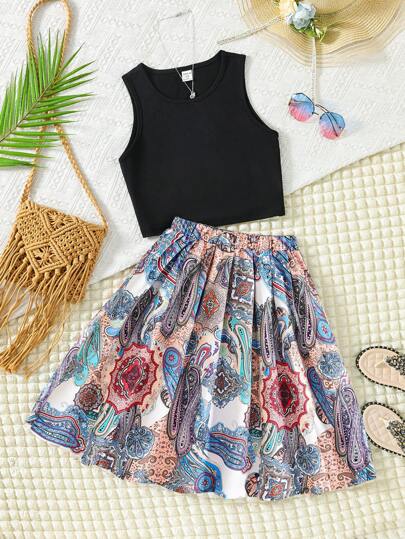 少女休闲度假纯色上衣和佩斯利印花半裙套装