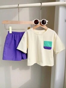 SHEIN 2pcs/Set Baby Boy Casual Korean Style Color Block Patch Pocket Crew Neck Pullover T-Shirt And Solid Woven Shorts Set, Suitable For Spring & Summer - Purple - View 7