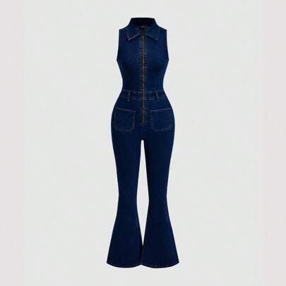 Sexy Stretchy Women's Denim Sleeveless Jumpsuit, Blue