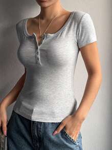 Dazy Star Women Front Button Short Sleeve Casual Top, Everyday Wear Preppy Tops - Light Grey - View 6