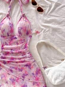 Soleia 度假浪漫蝴蝶扎染印花吊带 V 领系带褶皱女式迷你连衣裙