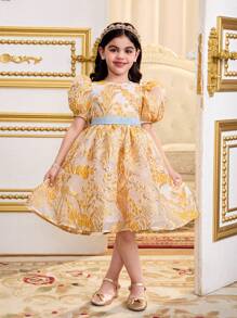 Young Girl 3D Floral Jacquard Puff Sleves Backless Big Bow Decor Elegant A-Line Dress, Cake Dress, Cute & Elegant & Sweet & Vintage & Fashionable. Mom And Daughter & Sisters Matching Style Matching, Matching Family Vacation, Holidays, National, Formal Attire, Suitable For Girls Daily Wear, Home Family Gatherings And Special Occasions, Sibling Outfits, Gorgeous Princess, For Birthdays, Party Wear, Spring/Summer. - Yellow - View 3