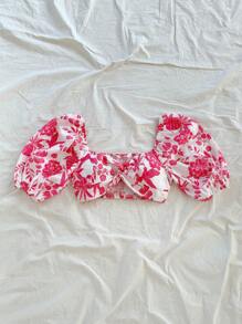 Soleia Women's White And Pink Pineapple,Bird & Floral Print Puff Sleeve Twist Hem Cropped Shirt,Summer Boho Vacation Holiday Western Wear Tops - Multicolor - View 5