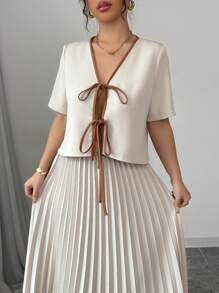 Modelyn Women Elegant Woven Colorblock Short Sleeve Tie Front 2 Pieces Set - Apricot - View 5