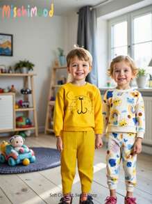 2 件套 幼儿男孩可爱卡通动物印花圆领长袖运动衫和裤子套装 - 彩色 - 查看 9