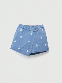 Tween Girls Floral Embroidered Denim Shorts, Loose Relaxed Fit Drawstring Waist Summer Casual Shorts - Light Wash - View 3