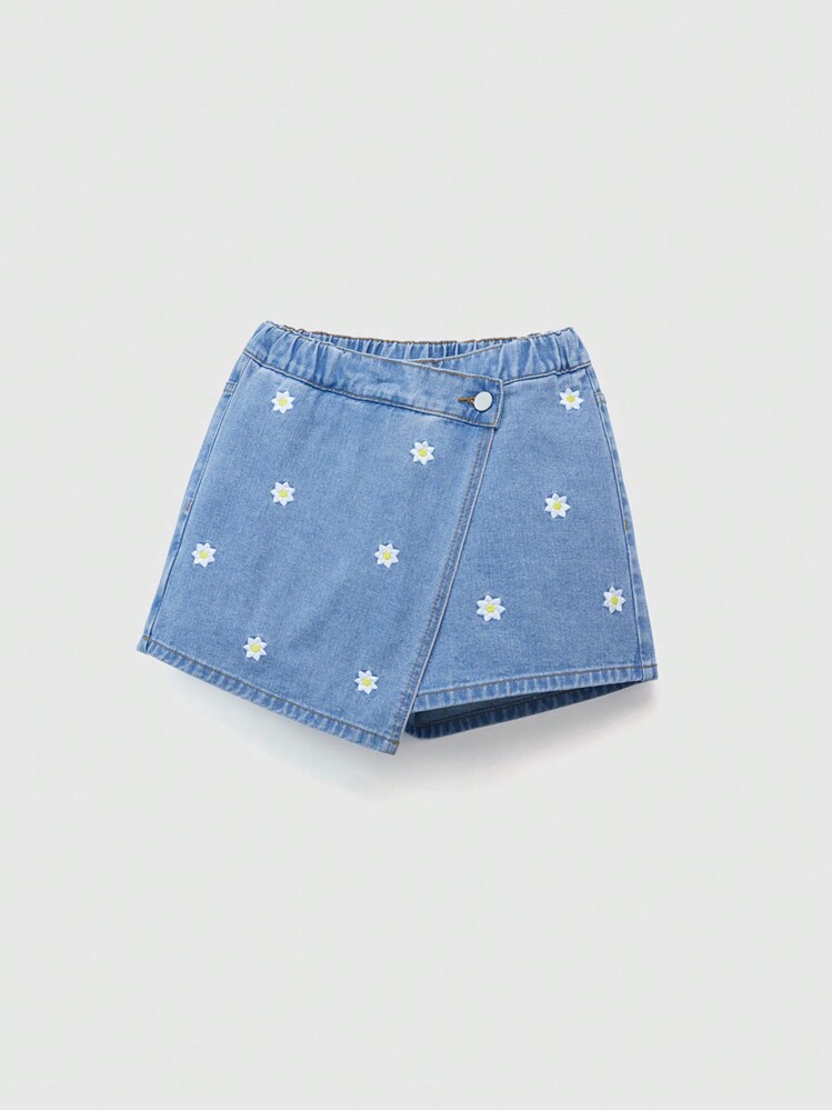 Tween 女童花卉刺绣牛仔短裤，宽松休闲抽绳腰夏季休闲短裤 - 淺色水洗藍 - 查看 3