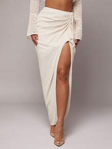 Silquee Elegant, Romantic And Personalized Spring And Summer Linen Fabric, High-Waisted V-Neck, High Slits, Low-Waisted Pleated Skirt, Suitable For Dates, Valentine's Day, Holiday Wear, Old Style, Holiday Wear, Summer Classic, Old Style, Office Wear, Comfortable To Wear, Breathable And Soft Fabric, Suitable For Commuting, Daily Vacation Wear - Beige - View 3