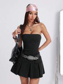 SHEIN EZwear Women's Spring/Summer Vintage Basic Strapless Solid Color Pleated Simple Black Dress For Festival - Black - View 7