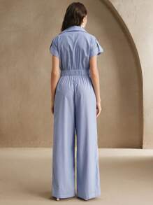 Anewsta 女士优雅度假蓝色蕾丝镂空腰带口袋直筒连体裤适合节日、外出、度假 - 藍色 - 查看 6