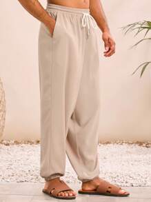 Manfinity VCAY Men's Woven Casual Daily Young Loose Solid Color Elastic Waist Straight Leg Track Pants - Coffee Brown - View 2