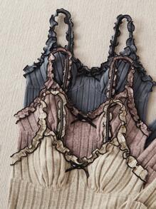 SHEIN 3 件套蝴蝶结装饰罗纹吊带背心和裤子睡衣套装，舒适 - 彩色 - 查看 4