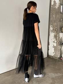 DAZY Vestido de mujer midi con cuello redondo, manga corta, parches de malla y volantes - Negro - Ver 2