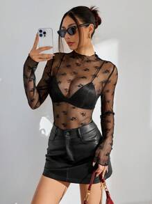 SHEIN Unity Áo cánh ren hoa co giãn gợi cảm cho nữ (Cắt ngẫu nhiên) - màu đen - Xem 6