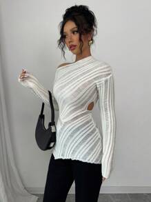 Elenzga Pull tricoté polyvalent à découpe asymétrique, épaule dénudée , printemps/été automne hiver