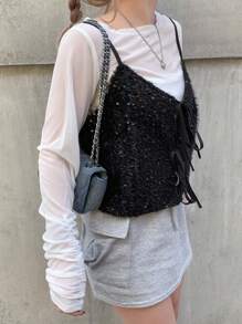 FRIFUL 女士圣诞亮片系带新年闪光上衣 - 黑色 - 查看 5