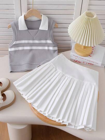 青少年女孩休闲韩版条纹领无袖上衣和高腰纯色迷你百褶裙 2 件套