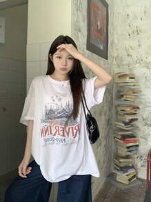 DAZY 女式圆领休闲逼真印花短袖 T 恤图案 T 恤，教师服装