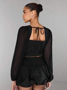 Glamine Glamine Valentine's Day Retro Simple & Elegant See-Through Spliced ​​Sleeves Solid Color Women's Long-Sleeved Heart Neckline Blouses Cut-Out Pearls Bow-Detail Corset Top In Black