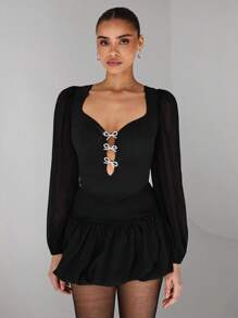 Glamine Glamine Valentine's Day Retro Simple & Elegant See-Through Spliced ​​Sleeves Solid Color Women's Long-Sleeved Heart Neckline Blouses Cut-Out Pearls Bow-Detail Corset Top In Black