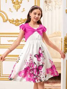 SHEIN Mädchen Tweens Cape-Ärmel Strickjacke & Schmetterling Muster Kleid Urlaubs 2 Stücke Set