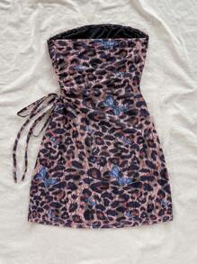 Soleia Vestido mini con cordón en la cintura, diseño calado, estampado de leopardo y mariposa, sexy, adecuado para vacaciones, festivales de música, estilo bohemio, citas en vacaciones