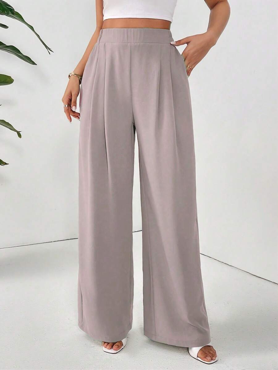 SHEIN Essnce 女士纯色口袋简约直筒裤,日常休闲装 - 藕粉色 - 查看 1