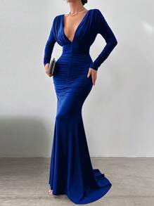 EURMUSE Women's Solid Deep V-Neck Ruffle Fishtail Dress, Long Sleeve - Blue - View 1