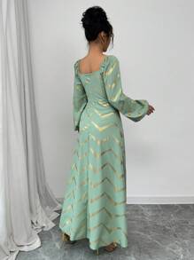 Modelyn Women's Elegant Gold Foil Print Lantern Sleeve Long Dress Fall Cloth For Women