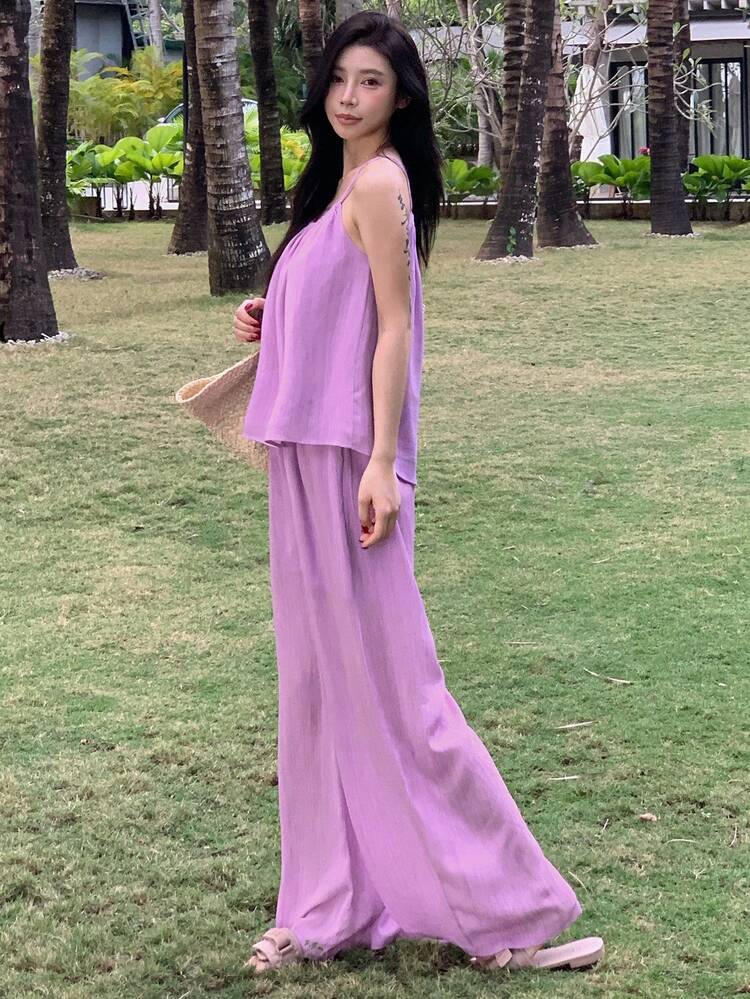 2pcs/Set Women Plain Pleated Drawstring Camisole And Wide Leg Pants Casual Vacation Summer Outfit