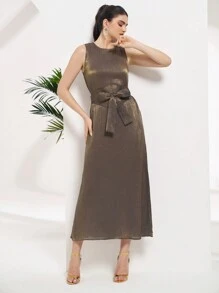 Al Najma Women Sleeveless Long Dress, Suitable For Commuting - Black and Gold - View 4