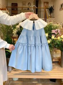 LMoss Kids Gaun Longgar Berenda Kontras Warna Tenun untuk Anak Perempuan LMoss, Cocok untuk Musim Semi dan Musim Panas - Dusty Blue - View 2