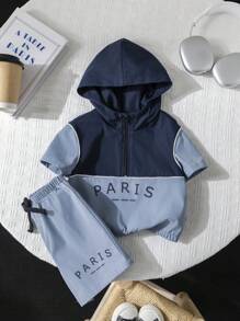 2 件套男婴字母印花撞色连帽夹克和短裤套装，适合春夏季室内外穿着 - 藍色 - 查看 11