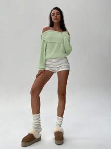 Aloruh Women's Autumn/Winter New Off Shoulder Design Long Sleeve Sweater - Mint Green - View 3