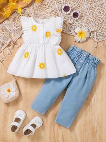 Baby Girl Floral Print Button-Front Top And Long Pants Set, Minimalist Style - Light Wash - View 1