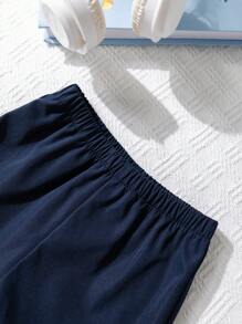 SHEIN 2 件套男婴休闲彼得潘领撞色短袖衬衫和松紧腰短裤套装，适合生日派对、洗礼、1 岁生日庆祝、晚会、表演、婚礼、婴儿洗礼、春夏装 - 藍色 - 查看 7