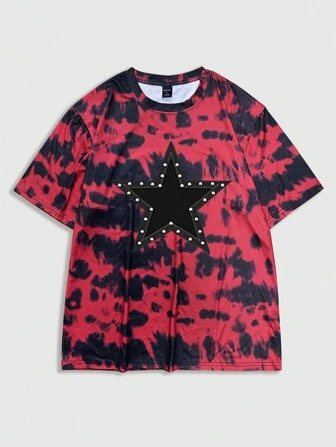 Grunge Punk Camiseta casual de manga corta y cuello redondo con estampado de teñido anudado y estrellas para hombres