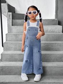SHEIN Young Girl Blue Denim Overalls With Bow Design - Light Wash - View 3