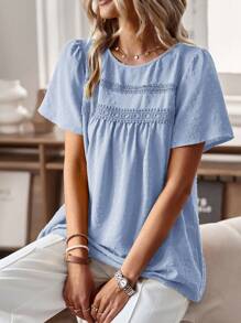 SHEIN Holidaya Women Contrast Lace Round Neck Short Puff Sleeve Shirt - Blue - View 5