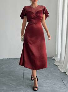 DAZY Ankle-Length Fitted Red Dress With Mesh Ruffle Trim, Suitable For Parties, Dates, And Nights Out Prom Dress Sundress Wedding Women Dresses Christmas - Burgundy - View 2
