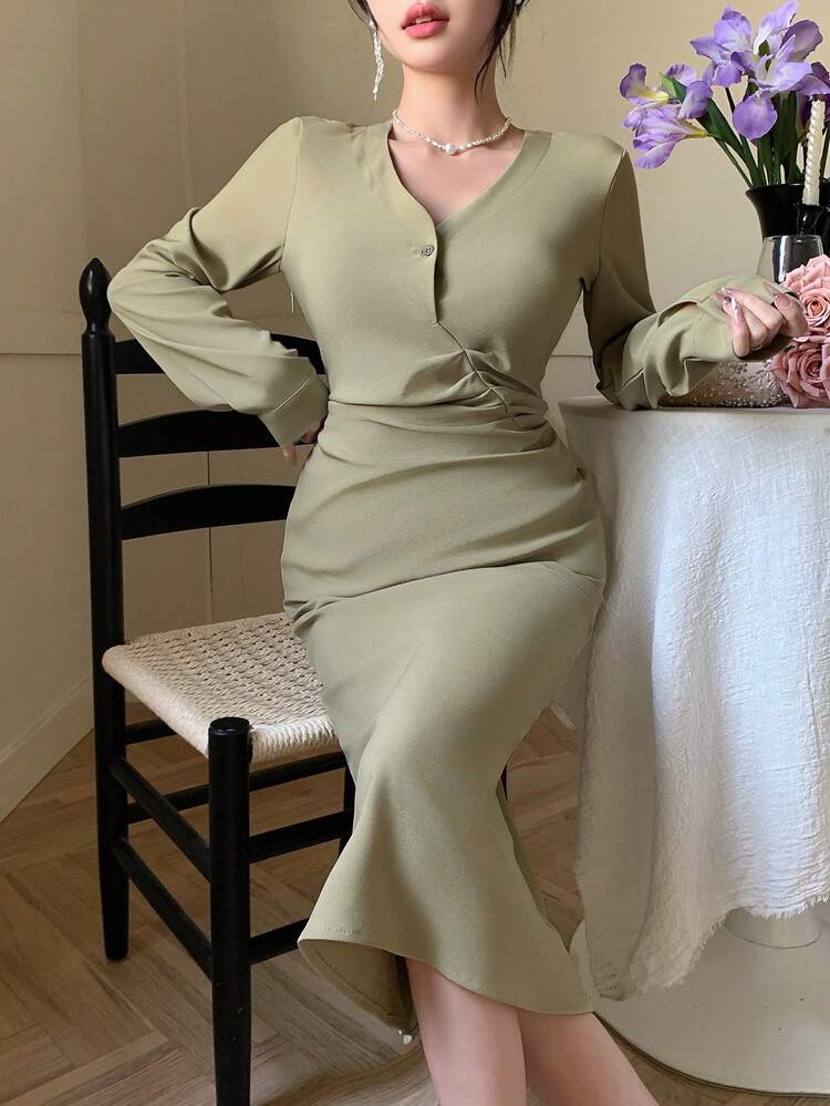 Plain Asymmetric Draped Midi Dress For Women,Fall Dress Long Sleeve Dress