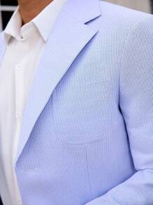 Manfinity Mode 男士缺口领长袖浅蓝色条纹西装套装（含夹克和裤子） - 淺藍色 - 查看 3