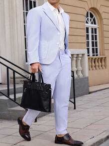 Manfinity Mode 男士缺口领长袖浅蓝色条纹西装套装（含夹克和裤子） - 淺藍色 - 查看 4