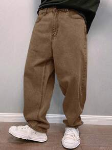 Claim Dot Men's Front Button Pocket Casual Tapered Leg Jeans - Camel - View 1