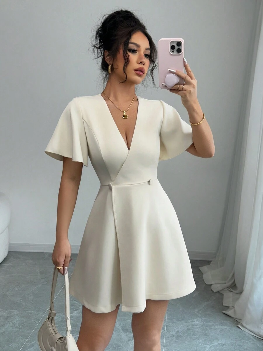 Rafferiza 杏色荷叶边蝴蝶结短袖交叉前短款女式连衣裙 - 杏色 - 查看 1