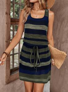 SHEIN LUNE Women's U-Neck Cinched Waist Colorful Striped Casual Vacation Tank Dress