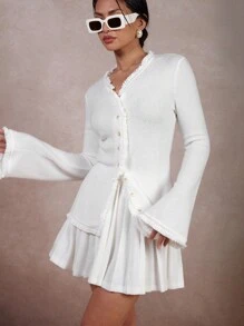 COSMINA 2pcs Women's Solid Color Front Button Up Blouse And Skirt Set - White - View 1