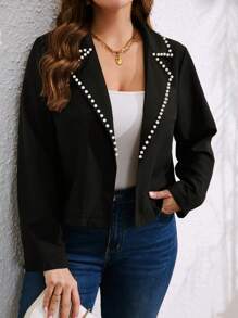 SHEIN LUNE Plus Size Solid Color Collar Bubble Pearl Long Sleeve Cropped Suit Jacket, Casual Resort Style, Spring/Autumn - Black - View 3