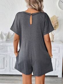 SHEIN LUNE Plus Size Women's Casual Romper With Pockets Summer Cozy Fit Chillax Slouchy Casual Style Relaxed Outfit Vacation Style Holiday Outfits Boho Bohemian Summer Clothes Women Summer Sets Women Clothes Women Plus Clothing Business Casual Women Plus Clothing Formal - Grey - View 2