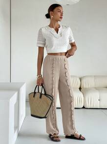 SHEIN Essnce Women Plain Color Casual Pants, Fashion Everyday Wear - Khaki - View 7